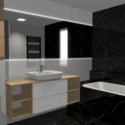 Wizualizacja łazienki z czarnymi marmurowymi ścianami i podłogą, białą armaturą, drewnianymi akcentami i podświetleniem LED.