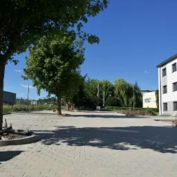 Ułożona szara kostka brukowa na parkingu w słoneczny dzień, widoczne drzewa rzucające cień i budynek w tle.