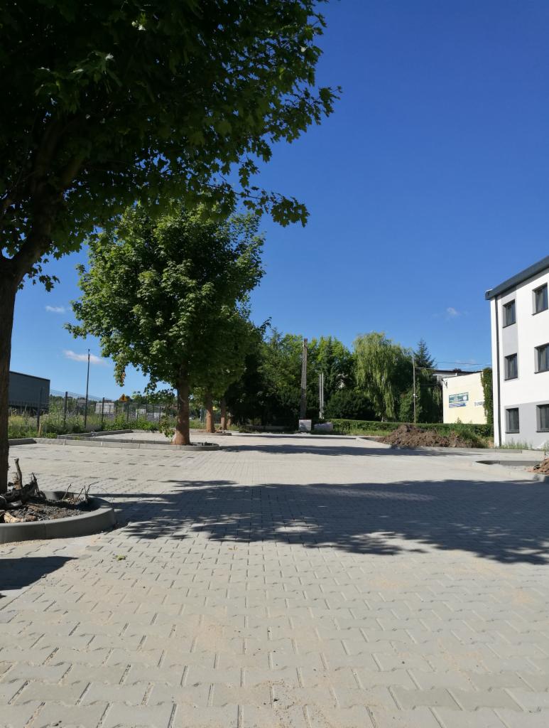 Ułożona szara kostka brukowa na parkingu w słoneczny dzień, widoczne drzewa rzucające cień i budynek w tle.