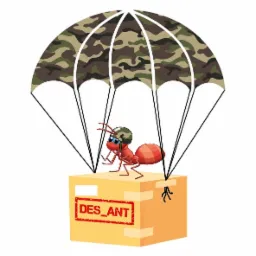 Kreskówkowy czerwony mrówka w hełmie, zjeżdżająca na spadochronie z wzorem kamuflażu, trzymająca się kartonowego pudełka z napisem DES_ANT, ilustracja dla firmy z Łodzi.