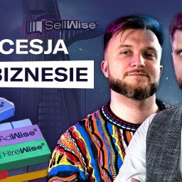 Adam Grad - Grafika z dwoma mężczyznami, hasłem 'Sukcesja w biznesie' i klockami z nazwami firm. Tło stanowi budynek. Całość w stylu nowoczesnym, biznesowym.