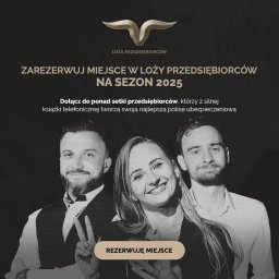 Adam Grad - Promocyjna grafika Loży Przedsiębiorców na sezon 2025: logo, hasło 'Zarezerwuj miejsce', uśmiechnięci ludzie. Zaproszenie do dołączenia do setki przedsiębiorców.
