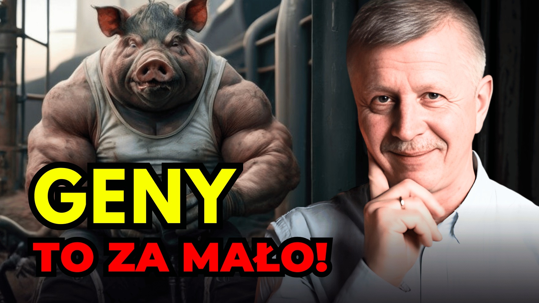 Ilustracja: muskularna świnia w podkoszulku obok portretu mężczyzny z wąsami. Żółto-czerwony napis 'GENY TO ZA MAŁO!'. Nietypowe połączenie elementów.