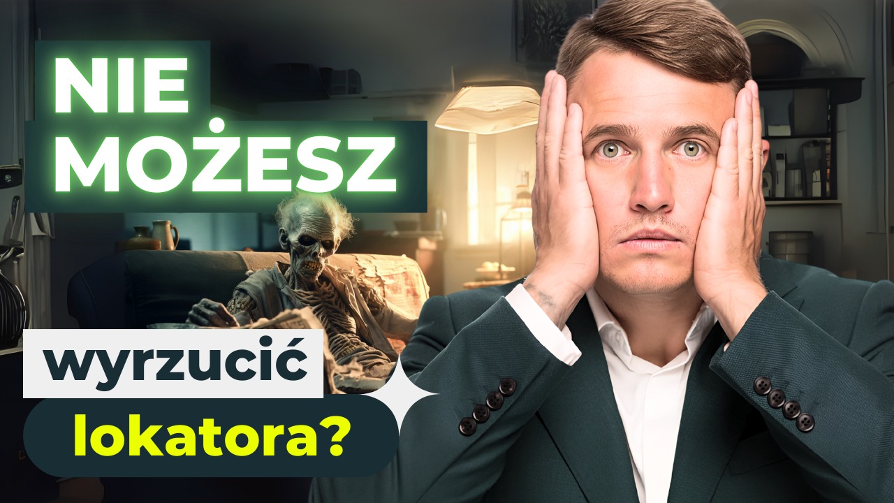 Grafika z przerażonym mężczyzną i zombie lokatorem, z tekstem 'Nie możesz wyrzucić lokatora?'. Ujęcie z bliska, zieleń i żółć dominują w kolorystyce.