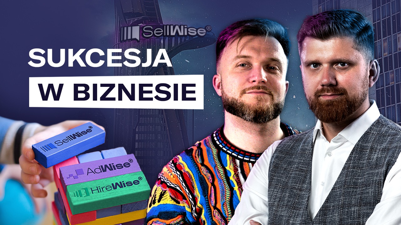 Grafika z dwoma mężczyznami, hasłem 'Sukcesja w biznesie' i klockami z nazwami firm. Tło stanowi budynek. Całość w stylu nowoczesnym, biznesowym.