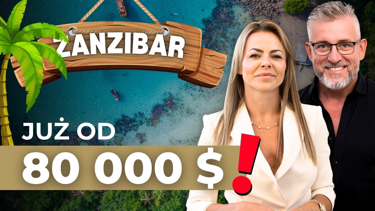 Grafika reklamowa: Zanzibar, oferta od 80 000$, z palmą, morzem i dwiema osobami. Jasne kolory, nowoczesny design, duży napis.