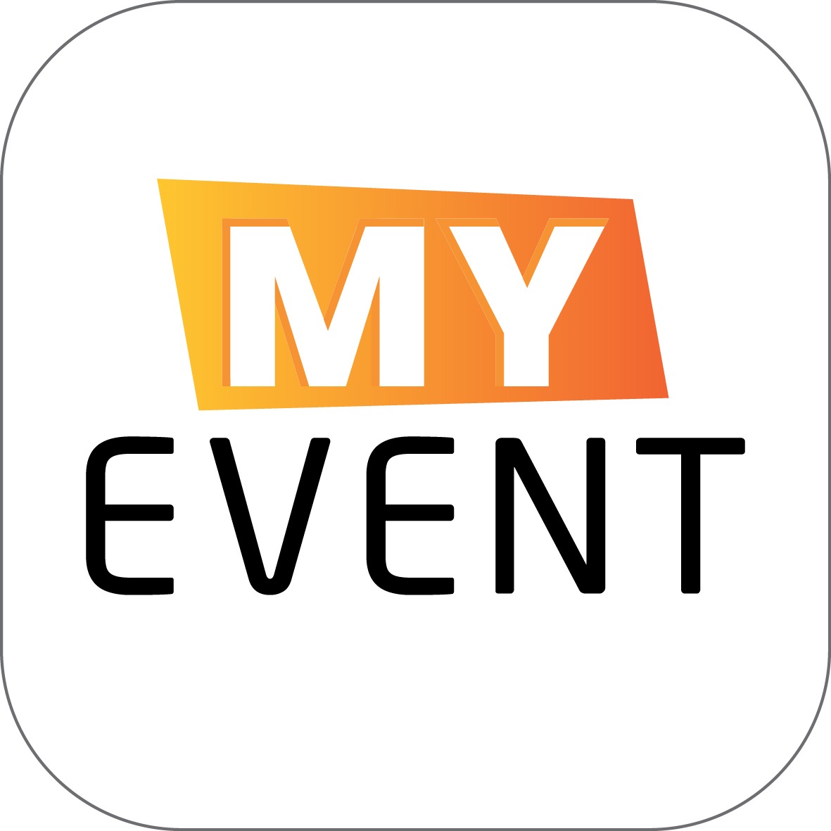 Logo 'MY EVENT' z gradientem pomarańczowym na prostokącie i czarnym napisem poniżej, umieszczone na białym tle z zaokrąglonymi rogami.
