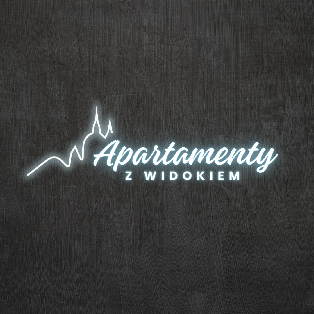 Neonowy napis 'Apartamenty z Widokiem' na ciemnym, teksturowanym tle. Minimalistyczny design z subtelnym obrysem miasta. Nowoczesna identyfikacja wizualna.