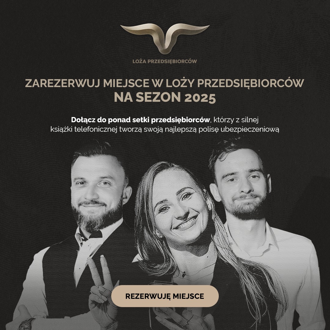 Promocyjna grafika Loży Przedsiębiorców na sezon 2025: logo, hasło 'Zarezerwuj miejsce', uśmiechnięci ludzie. Zaproszenie do dołączenia do setki przedsiębiorców.