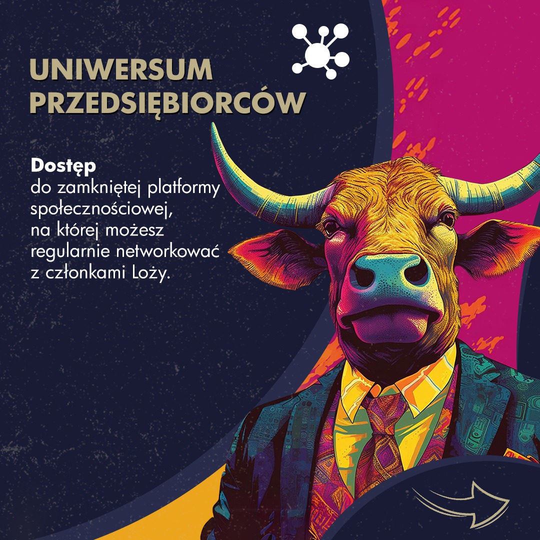 Grafika: Byk w garniturze, symbolizujący uniwersum przedsiębiorców. Tekst o dostępie do platformy networkingowej. Kolorowa, nowoczesna ilustracja.