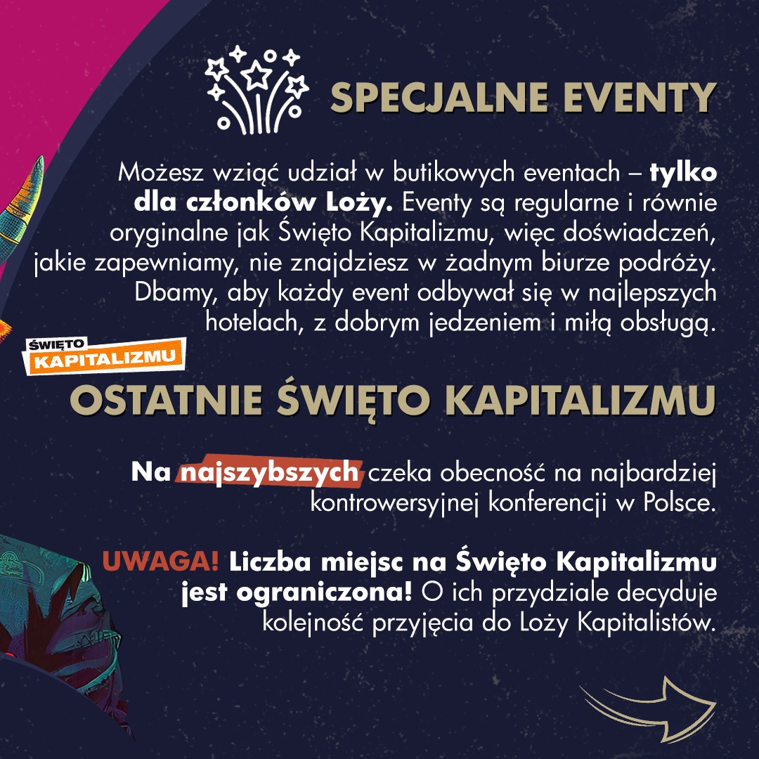 Grafika promująca 'Święto Kapitalizmu' - specjalne eventy dla członków Loży, konferencja w Polsce. Ograniczona liczba miejsc, decyduje kolejność przyjęcia.
