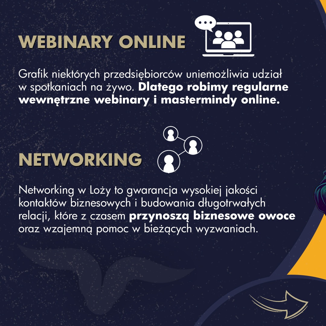 Grafika informacyjna o webinarach online i networkingu, z ikonami osób i laptopa, na ciemnym tle z elementami graficznymi w kolorze złotym i białym.