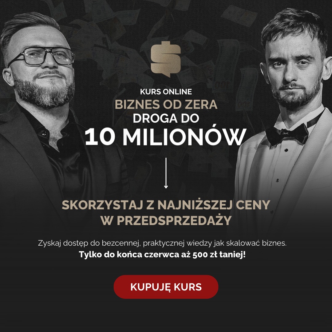 Grafika kursu online: dwóch mężczyzn w eleganckich strojach, hasło 'Biznes od zera droga do 10 milionów', informacja o przedsprzedaży i przycisk 'Kupuję kurs'.