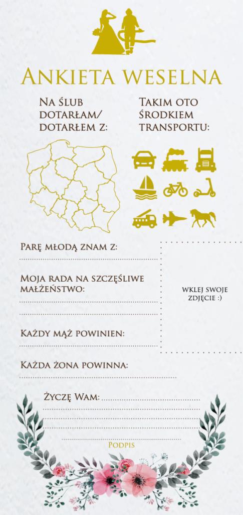 Grafika ankiety weselnej w odcieniach beżu ze złotymi akcentami, zawierająca pytania o dojazd na ślub, środek transportu, znajomość pary młodej, rady na szczęśliwe małżeństwo oraz miejsce...