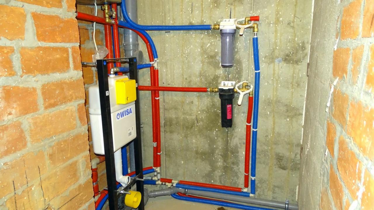 Instalacja wodno-kanalizacyjna w surowym stanie: widoczne rury w kolorach czerwonym i niebieskim, filtry wody, stelaż podtynkowy WC marki Wisa, ściana z cegły i surowy beton