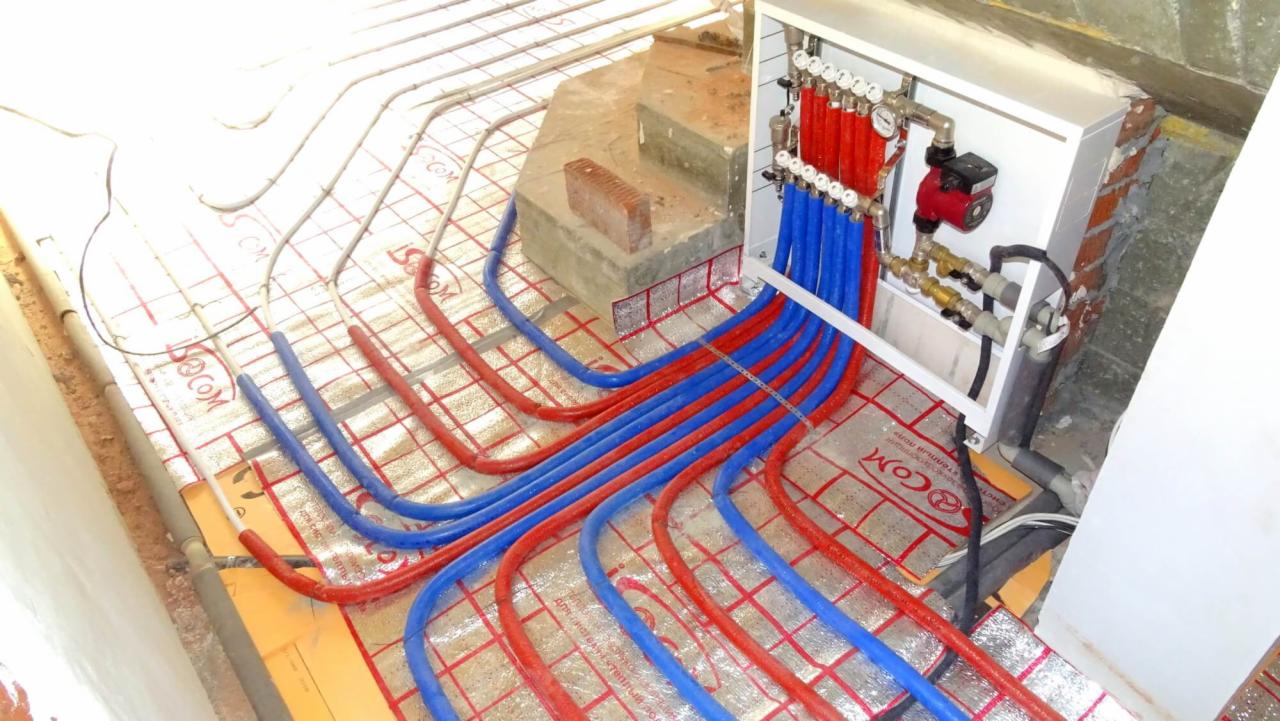 Instalacja ogrzewania podłogowego w trakcie montażu: widoczne rury grzewcze w kolorach czerwonym i niebieskim ułożone na folii izolacyjnej z nadrukiem, rozdzielacz zamontowany na ścianie z cegły.