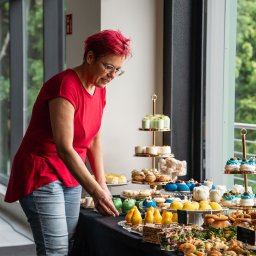 Ciacha Ewy Pracownia Tortów Artystycznych Zielona Góra - Kobieta w czerwonej koszulce układa różnorodne desery i przekąski na stole podczas wydarzenia. W tle duże okno z widokiem na zieleń.
