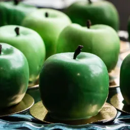 Zielone jabłka z czekolady na złotych podkładkach, ułożone na szklanej paterze. Dekoracyjne słodycze, zbliżenie, gładka powierzchnia.
