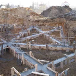 Wylane fundamenty domu jednorodzinnego z widocznym zbrojeniem i szalunkiem drewnianym, w tle hałda ziemi i zabudowa mieszkalna.