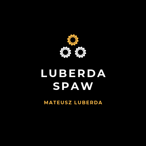Logo firmy Luberda Spaw z trzema zębatkami (jedna złota, dwie białe) na czarnym tle. Pod spodem nazwa firmy i imię właściciela.