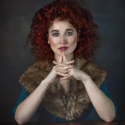 Portret studyjny kobiety z rudymi kręconymi włosami, złączone dłonie pod brodą, ubrana w futrzany kołnierz i turkusową sukienkę, na ciemnym tle.