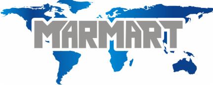 Logo firmy MARMART na tle mapy świata w odcieniach niebieskiego, z szarym napisem i białym tłem.