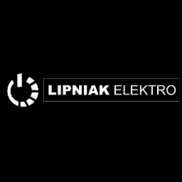 Białe logo firmy Lipniak Elektro na czarnym tle, z symbolem włącznika po lewej stronie nazwy.