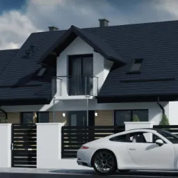 Wizualizacja nowoczesnego domu jednorodzinnego z ciemną dachówką i białymi ścianami, balkonem z metalową balustradą i czarnym ogrodzeniem, na pierwszym planie białe Porsche.