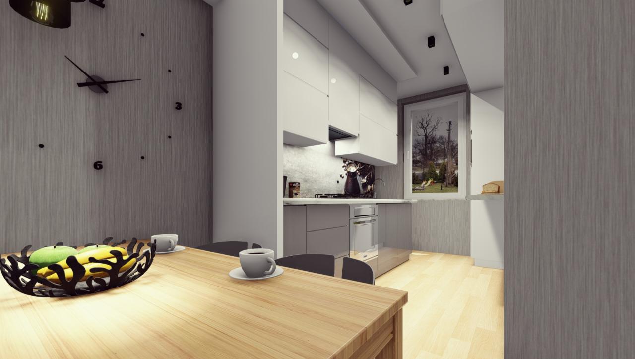 Nowoczesna kuchnia z drewnianym stołem, owocami w designerskiej misie i minimalistycznym zegarem ściennym, widok na okno z zielenią.