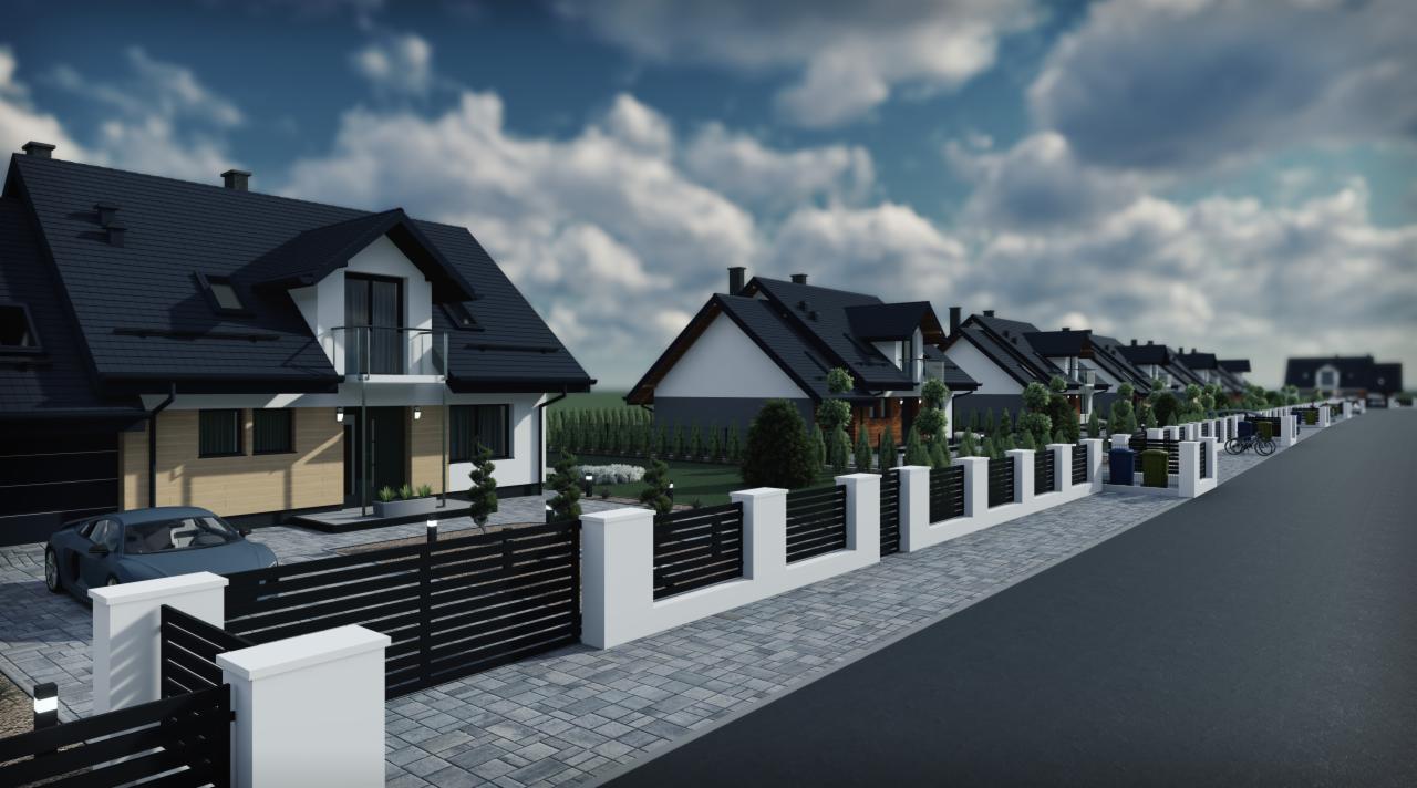 Wizualizacja osiedla domów jednorodzinnych z czarnymi dachami i nowoczesnymi płotami, zaparkowany sportowy samochód przed jednym z domów, błękitne niebo z chmurami w tle.