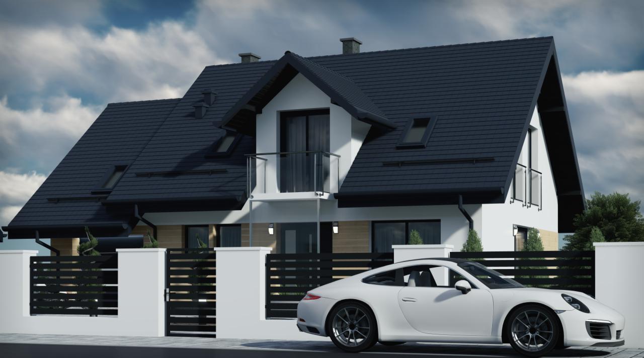Wizualizacja nowoczesnego domu jednorodzinnego z ciemną dachówką i białymi ścianami, balkonem z metalową balustradą i czarnym ogrodzeniem, na pierwszym planie białe Porsche.