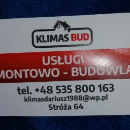 Wizytówka firmy Klimas Bud oferującej usługi remontowo-budowlane, z logo przedstawiającym dom, numerem telefonu, adresem e-mail i adresem siedziby.