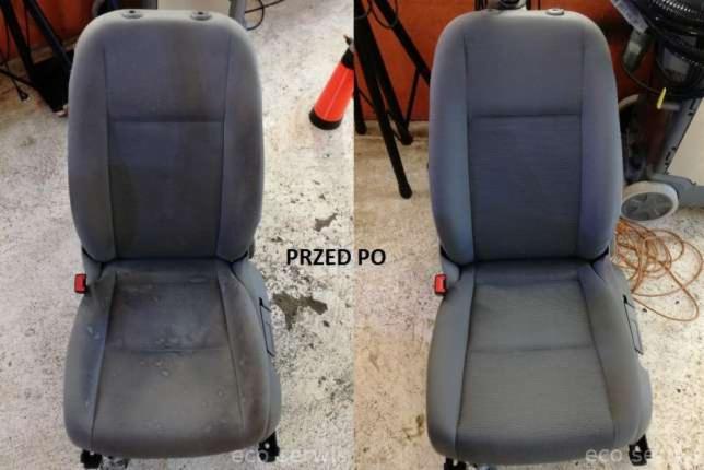 Porównanie fotela samochodowego przed i po czyszczeniu, widoczne wyraźne różnice w czystości tapicerki.