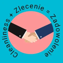 Grafika wektorowa przedstawiająca uścisk dłoni wewnątrz różowego koła, otoczonego napisem 'Cleanliness + Zlecenie = Zadowolenie' na turkusowym tle.