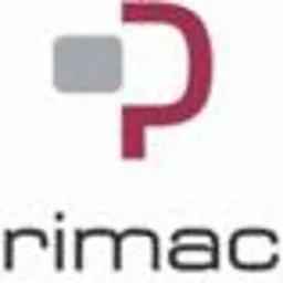 Logo firmy Primaco z charakterystycznym, stylizowanym czerwono-różowym znakiem graficznym przypominającym literę 'P' z szarym kwadratem w lewym górnym rogu, umieszczonym nad nazwą firmy zapisaną...