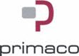 Logo firmy Primaco z charakterystycznym, stylizowanym czerwono-różowym znakiem graficznym przypominającym literę 'P' z szarym kwadratem w lewym górnym rogu, umieszczonym nad nazwą firmy zapisaną...