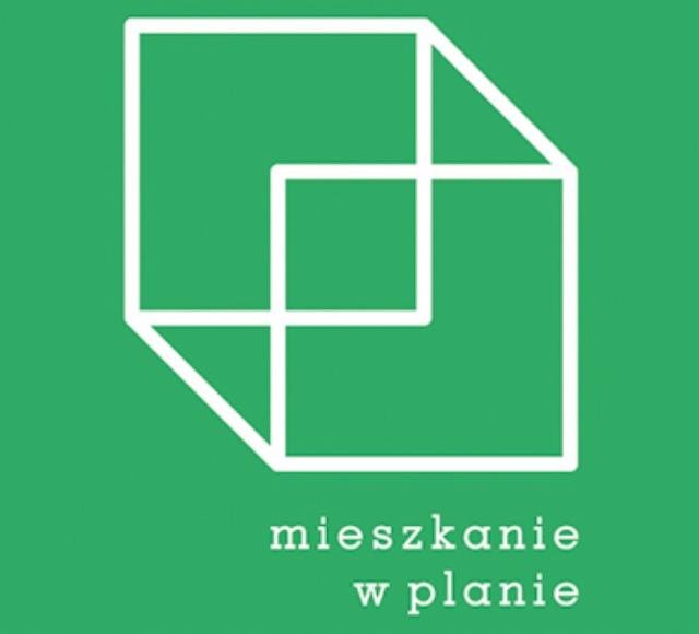 Grafika wektorowa przedstawiająca schematyczny plan mieszkania złożony z białych linii na jednolitym zielonym tle, z tekstem 'mieszkanie w planie' poniżej.