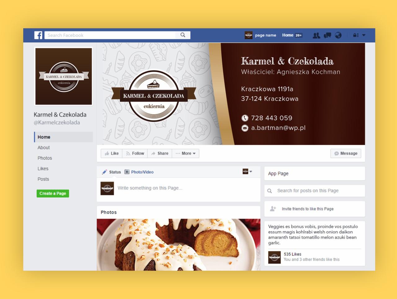 Zrzut ekranu strony firmy 'Karmel & Czekolada' na Facebooku, prezentujący logo firmy, dane kontaktowe, posty i zdjęcia, w tym zdjęcie ciasta z polewą.