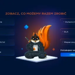 Grafika prezentująca ofertę usług IT z wizerunkiem wiewiórki-ninja trzymającej smartfon, otoczona przyciskami z nazwami usług: Strony internetowe, Aplikacje Mobilne, Usługi graficzne UX/UI, Sklepy...