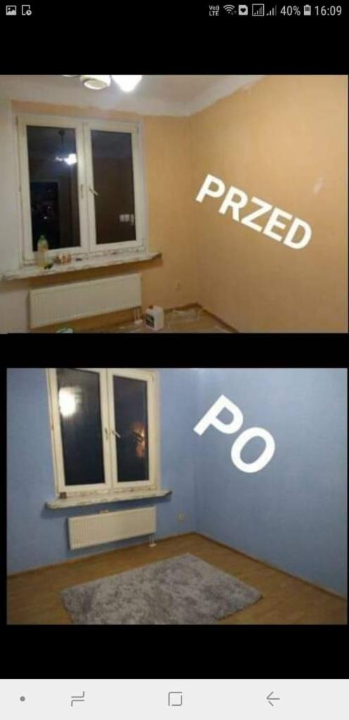 Dwa ujęcia tego samego pokoju: górne przed malowaniem na odcienie beżu, dolne po malowaniu na kolor niebieski, z dywanem na podłodze.