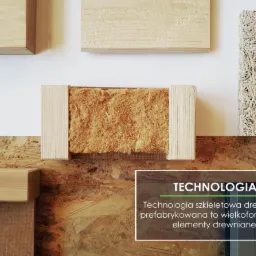 Przekrój ściany szkieletowej z izolacją z włókien naturalnych, prezentacja różnych materiałów budowlanych na tle płyty OSB i białej ściany.