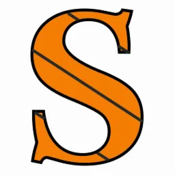Pomarańczowa litera S z czarną obwódką i ukośnymi paskami na białym tle.