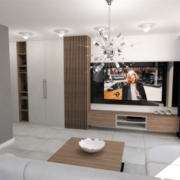 AIG MEBLE NA ZAMÓWIENIE - Wizualizacja salonu z białą sofą, drewnianym stolikiem kawowym z białą misą, szafą z drewnianymi akcentami, wiszącym telewizorem i designerską lampą sufitową.