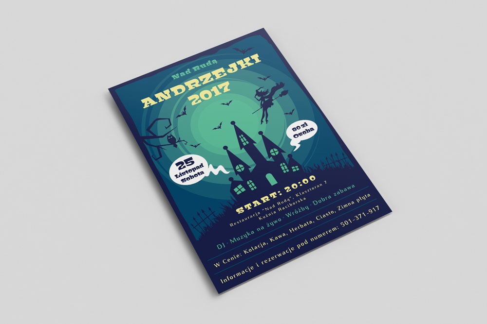Graficzny plakat promujący Andrzejki 2017 w restauracji Nad Rudą, z motywami Halloween, czarownicą na miotle, zamkiem i informacją o cenie 80 zł od osoby.