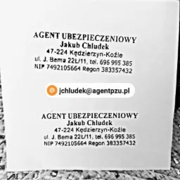 Wizytówka agenta ubezpieczeniowego Jakuba Chludka z danymi kontaktowymi, umieszczona na plecionym podłożu. Widoczne logo PZU i adres e-mail.