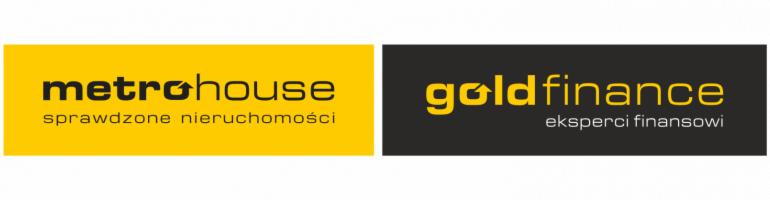 Logotypy firm: Metrohouse - sprawdzone nieruchomości na żółtym tle, Gold Finance - eksperci finansowi na ciemnoszarym tle.