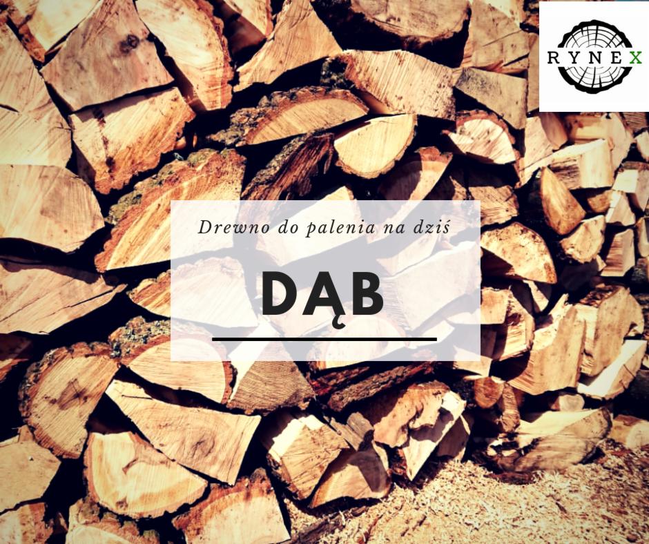 Stos pociętego drewna dębowego na opał z widocznym logo firmy RYNE X w prawym górnym rogu i napisem 'Dąb' nałożonym na zdjęcie.