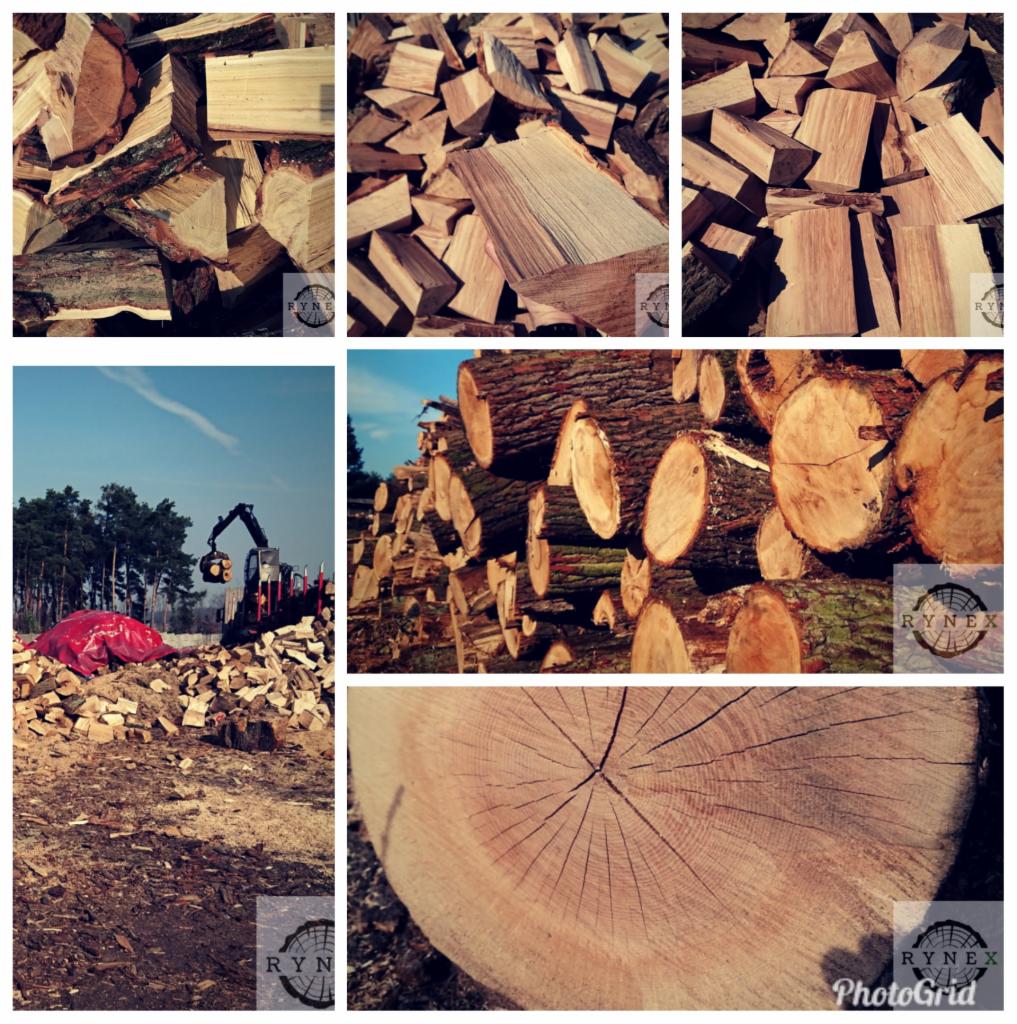 Kolaż zdjęć przedstawiających stosy pociętego drewna, stos pni drzew oraz pracę maszyny do cięcia drewna na tle lasu.