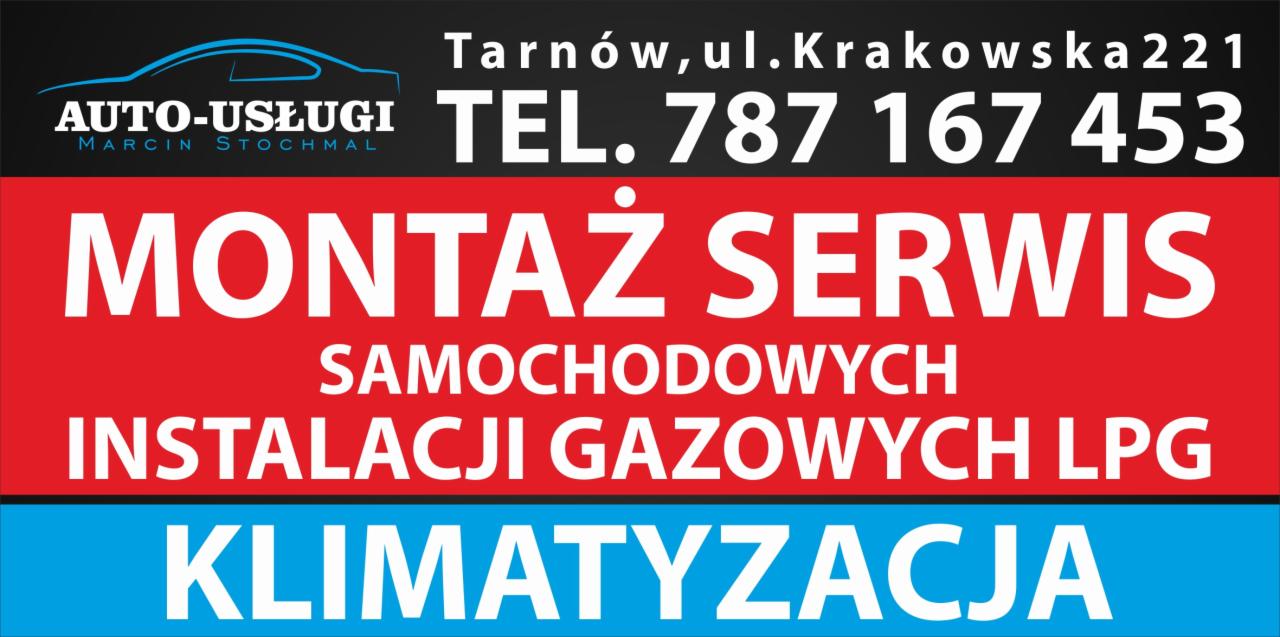 Szyld reklamowy warsztatu samochodowego w Tarnowie, oferującego montaż i serwis samochodowych instalacji gazowych LPG oraz klimatyzacji, z numerem telefonu 787 167 453.