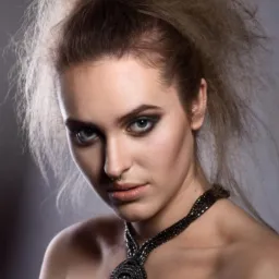 Portret kobiety z ciemnym makijażem oczu, piercingiem w nosie i ekstrawagancką fryzurą typu up-do, ubrana w ozdobny naszyjnik.